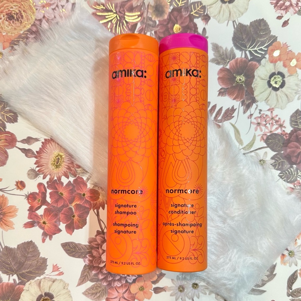 amika normcore Signature Shampoo & Conditioner Duo — Orange with Pink Cap